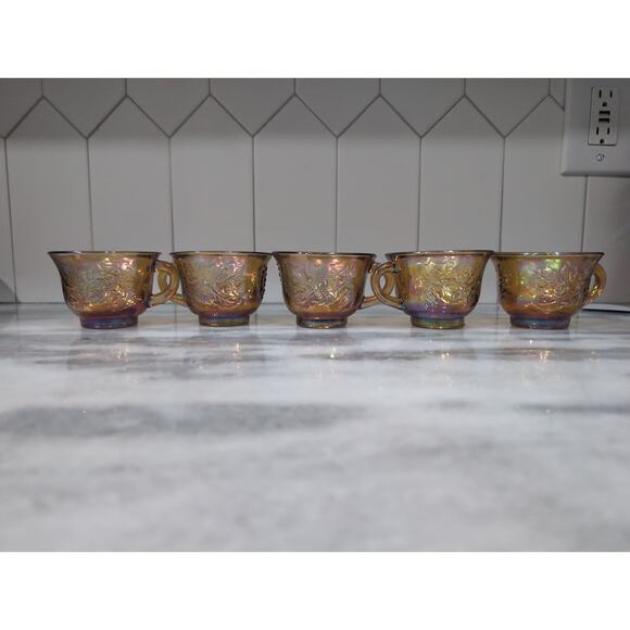Harvest Grape Carnival Glass Punch Cups, Set of 9 Vintage Indiana Marigold Cups - Picture 3 of 11